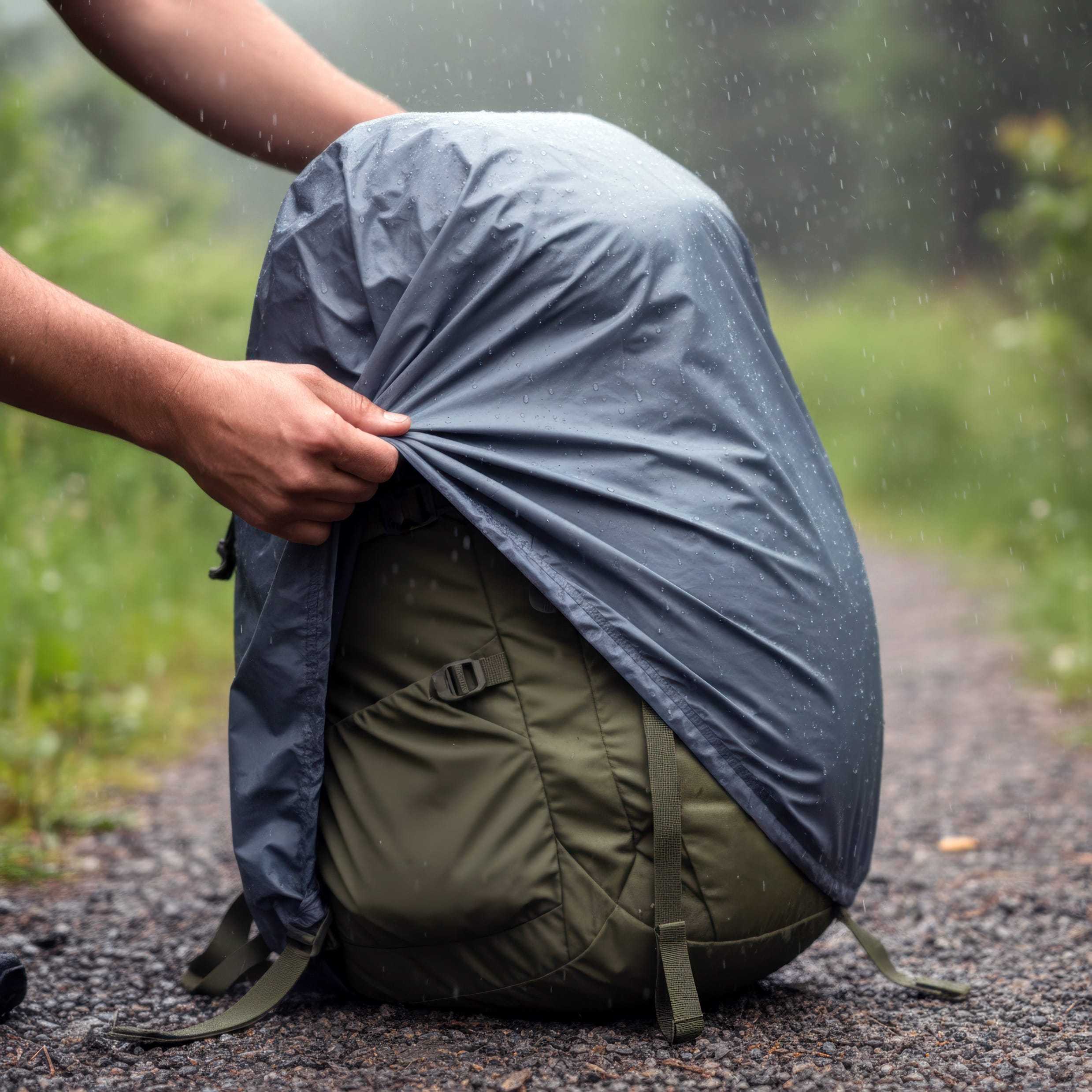 waterproof rain cover on a backpack outdoors.