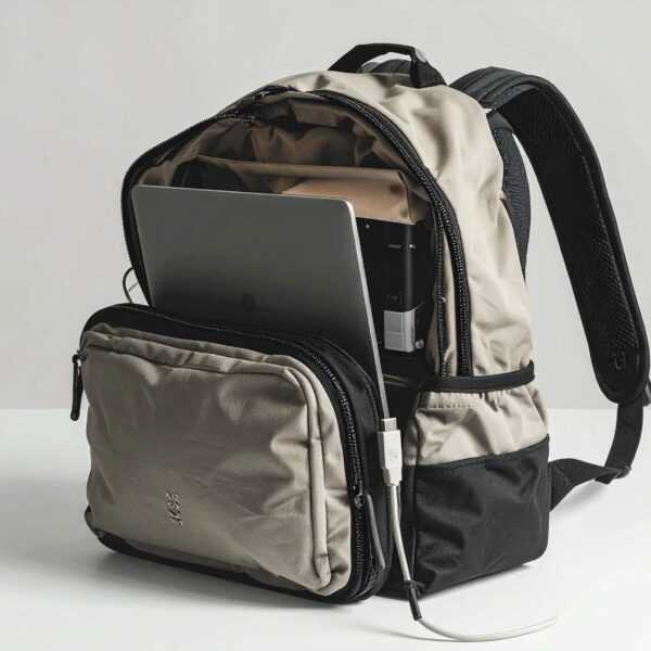 Illustration minimaliste d’un sac à dos ouvert, laissant apparaître un ordinateur