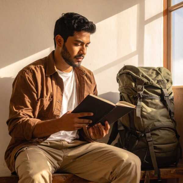 un voyageur assis, carnet à la main, sac à côté, dans une ambiance calme et chaleureux