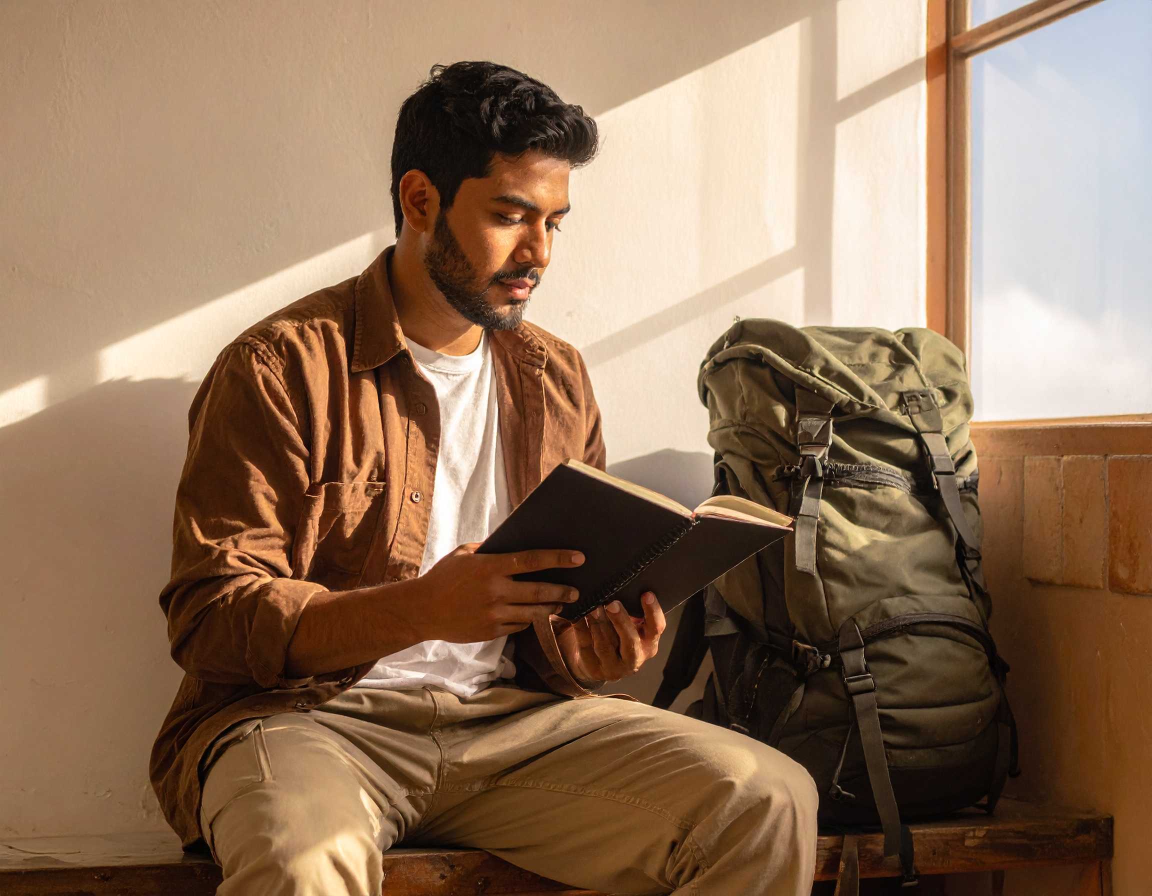 un voyageur assis, carnet à la main, sac à côté, dans une ambiance calme et chaleureux