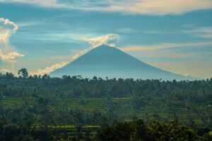 view of volcano and rice terrasses in Bali